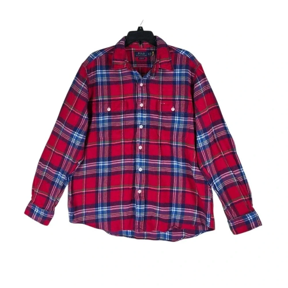 Polo Ralph Lauren Flannel Shirt Shacket Mens XL Classic Fit Red Blue Plaid LS